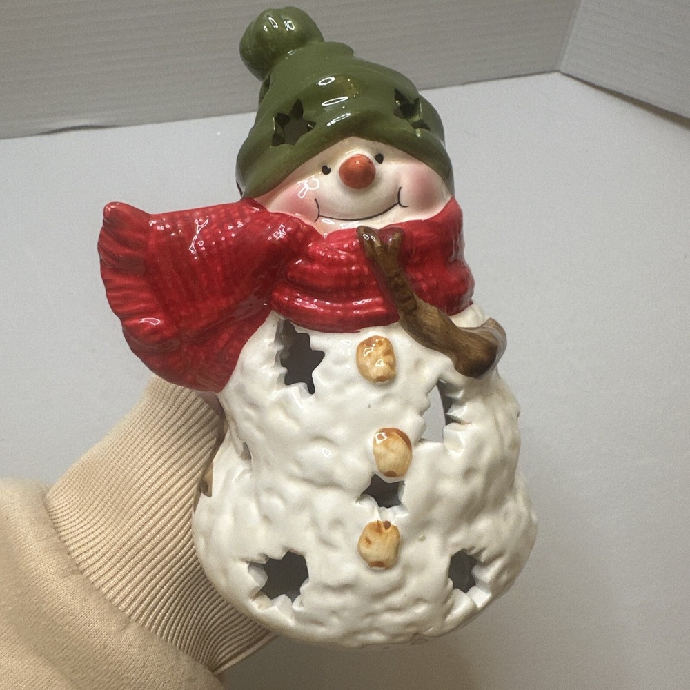 Hallmark Snowman With Green Hat Red Scarf Tea Light Candle‎ Luminary